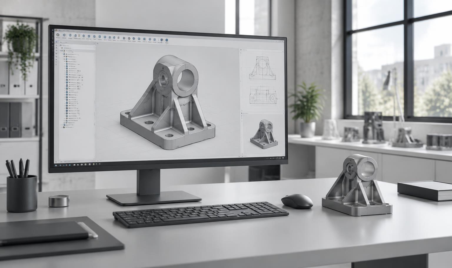 CAD-Arbeitsplatz mit digitalem 3D-Modell und gefertigtem Bauteil