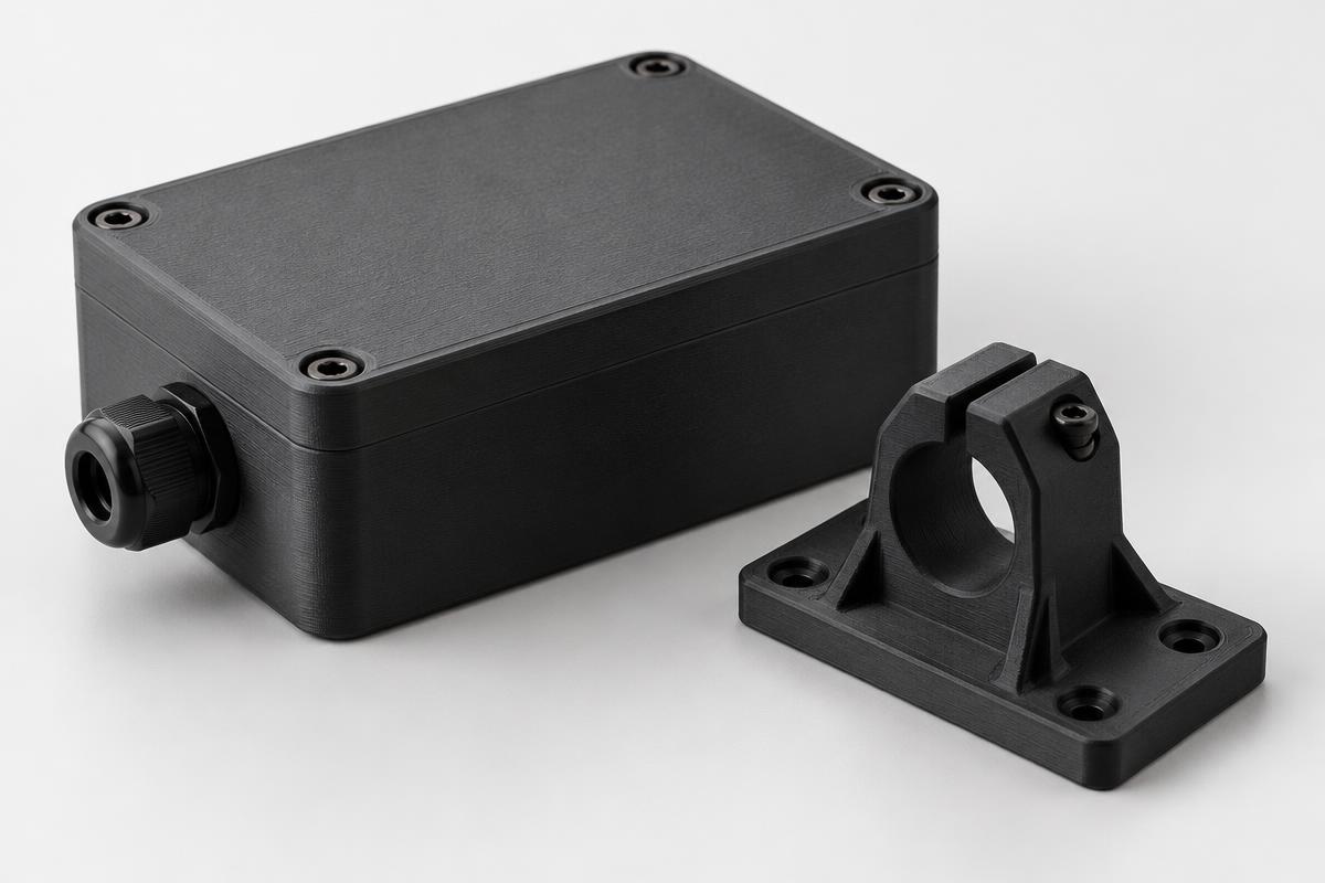 Schwarzes 3D-gedrucktes Gehäuse mit individueller Halterung