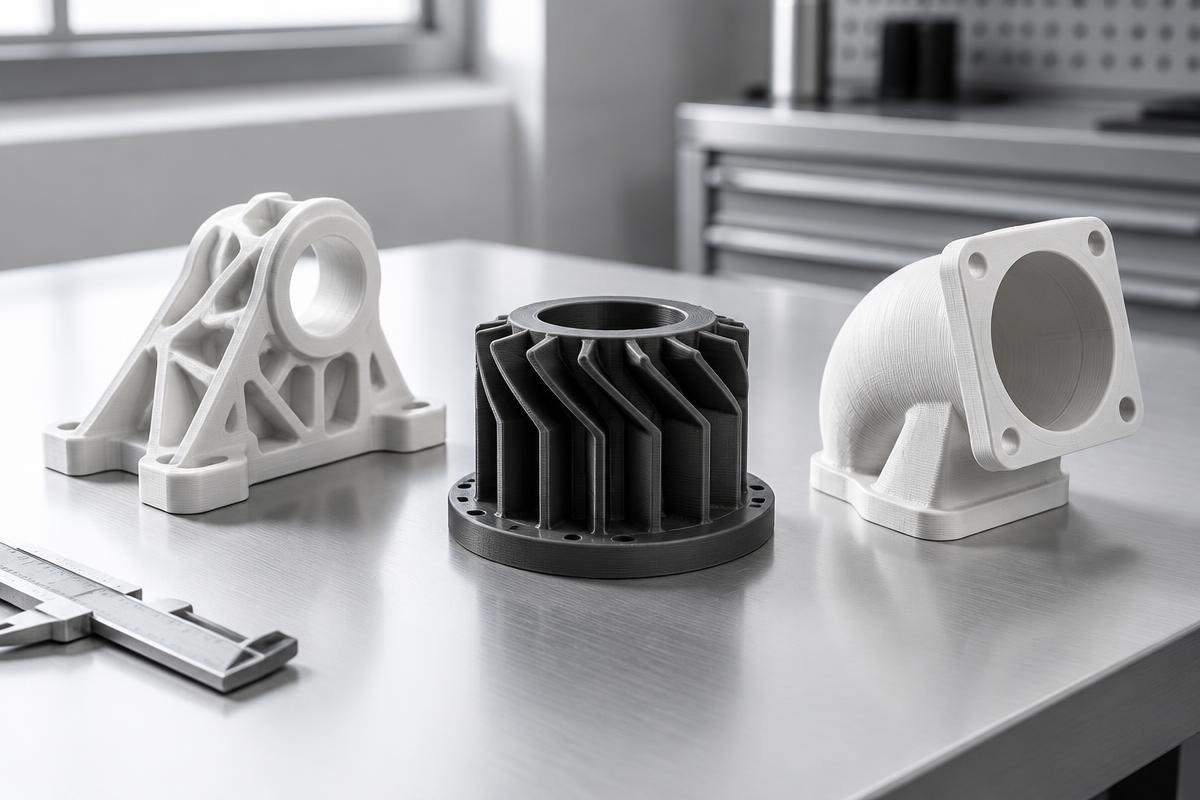 Drei präzise gefertigte 3D-Druck-Prototypen auf einer Werkbank